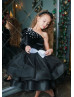 One Shoulder Black Satin Pearls Embellished Flower Girl Dress